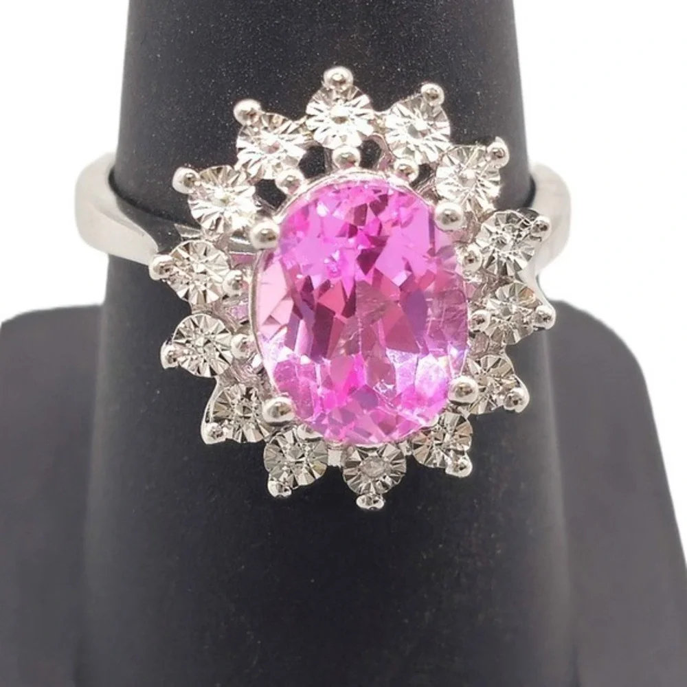 .925 SILVER DIAMOND & PINKISH GEMSTONE RING SIZE 7.25 4.3G (GNH022626)